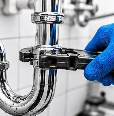 Plumber fitting a chrome P-trap with a pipe wrench